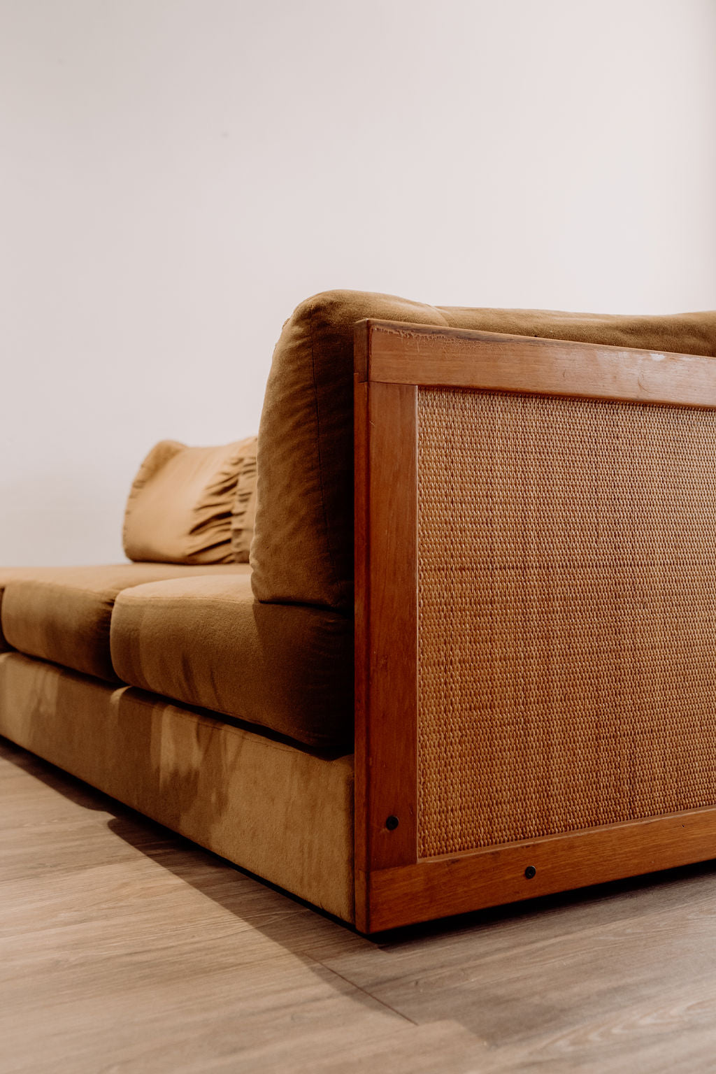 Mid Century Parker rattan and velvet lounge sofa