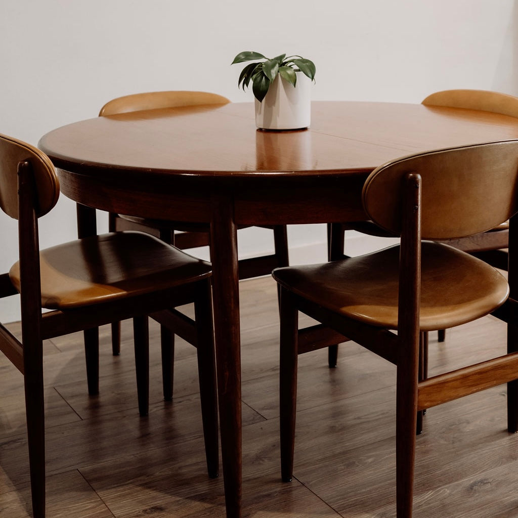 Mid Century Teak extension round dining table by GPLAN oval mustard oval back teak dining chairs