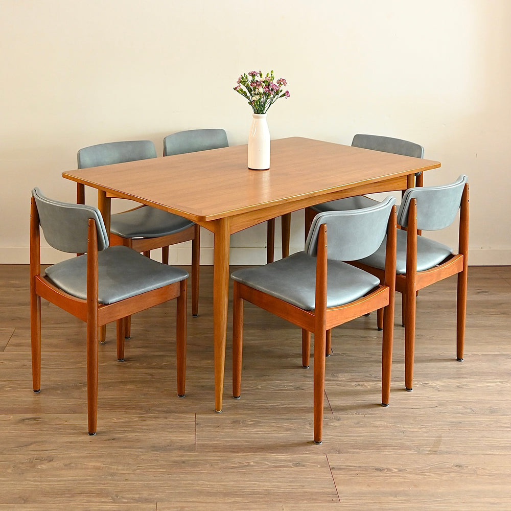 6x Mid Century Teak Blue Vinyl Dining Chairs by Chiswell