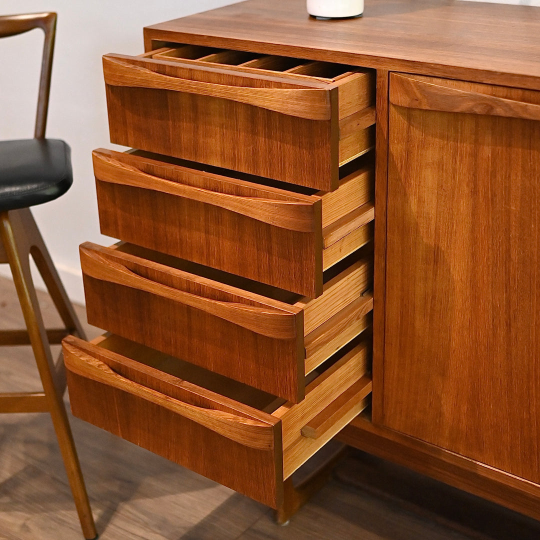 Mid Century Teak Sleigh Leg Sideboard Buffet designed by Gerald Easden for Rodd Furniture