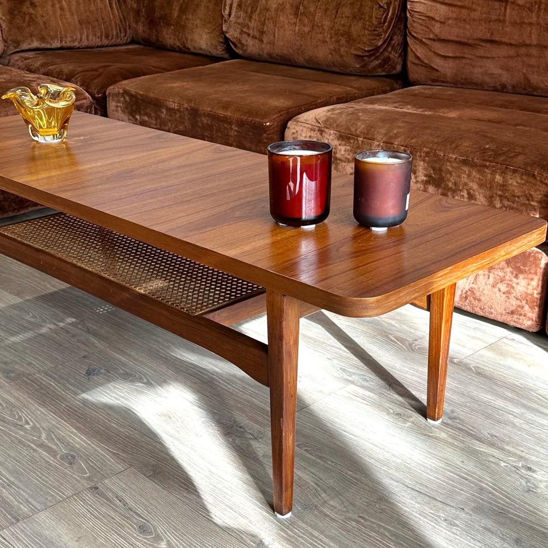 Mid Century Teak Coffee Table with Rattan Shelf