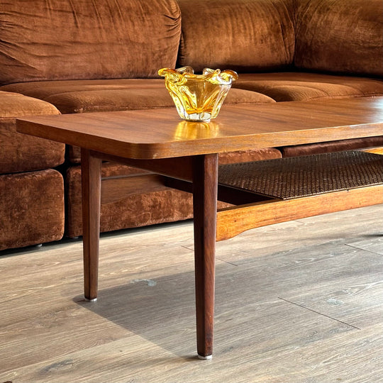 Mid Century Teak Coffee Table with Rattan Shelf