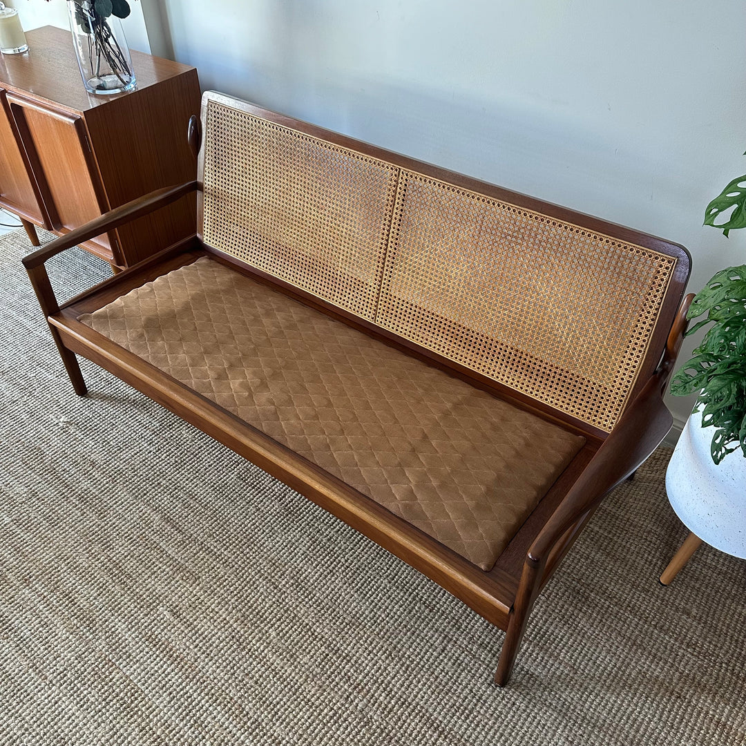 Mid Century 2 seater rattan and teak lounge by Fler - customise with warwick upholstery 