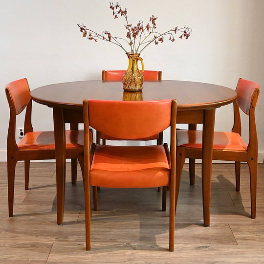 Mid Century Teak Orange Vinyl Dining Chairs