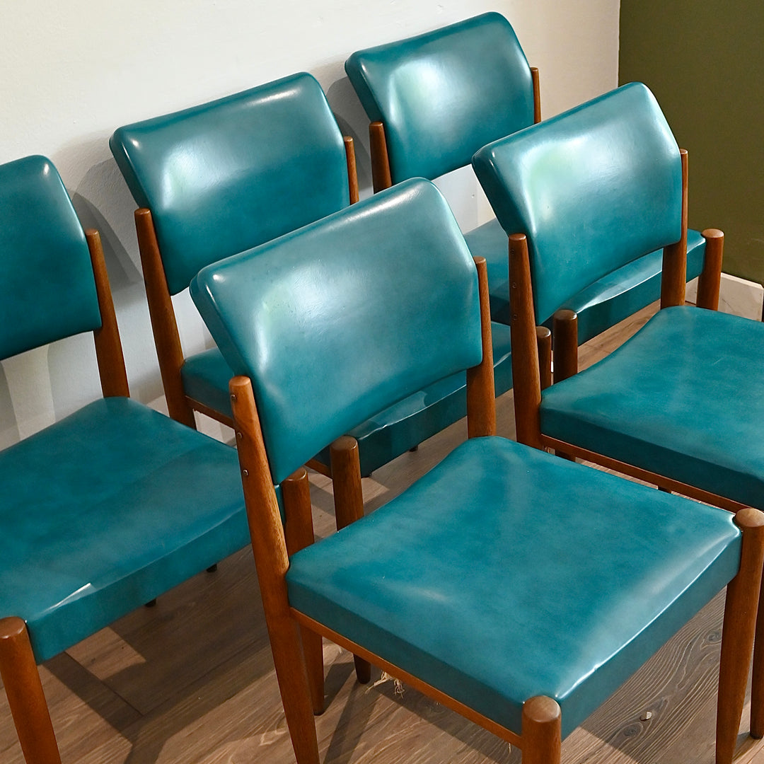 5x Mid Century Teak Teal Vinyl Dining Chairs by Chiswell