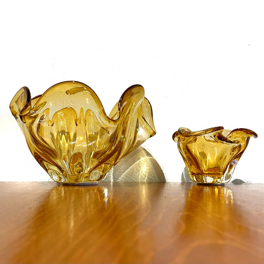 Mid Century Art Glass Vase Handkerchief Bowl Pair