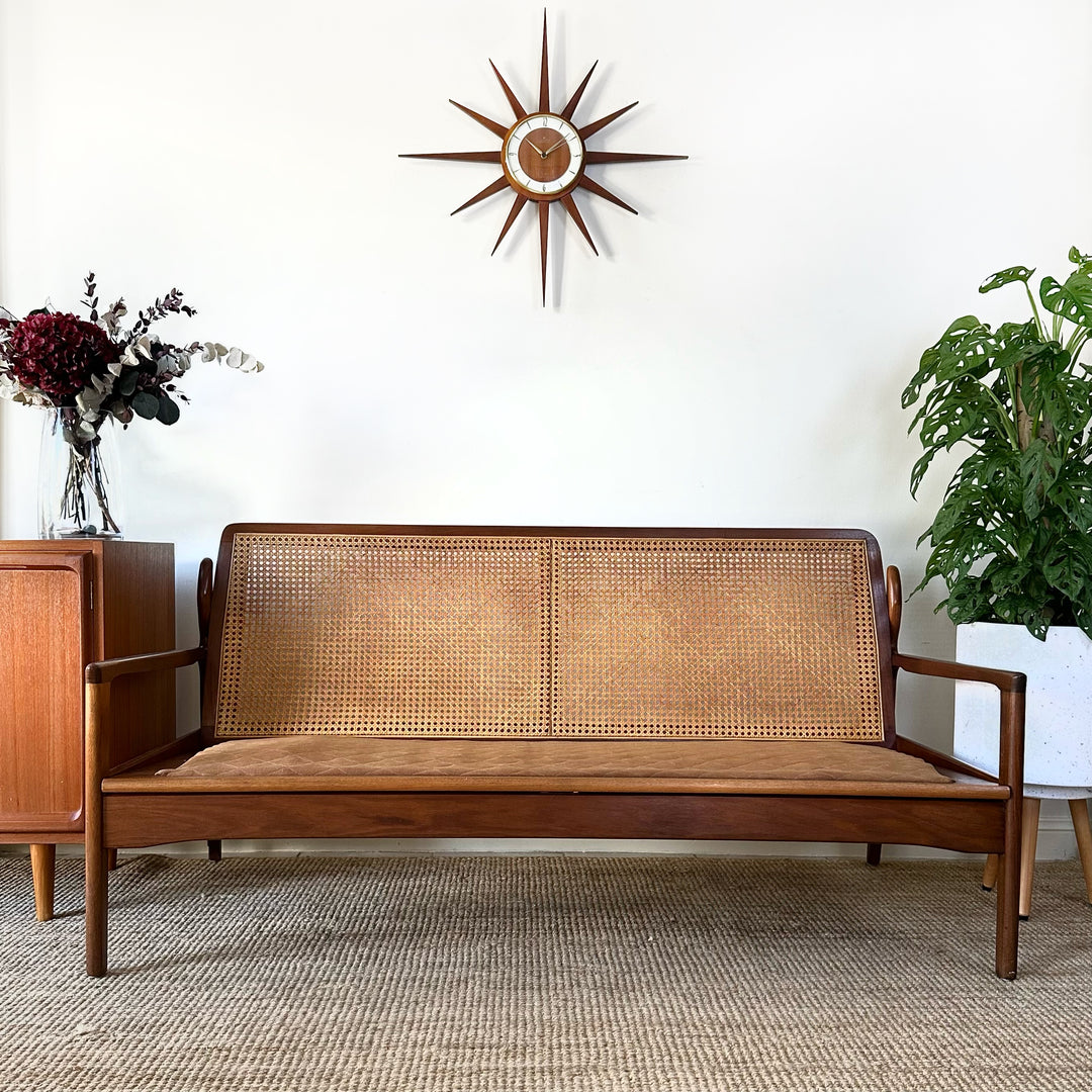 Mid Century 2 seater rattan and teak lounge by Fler - customise with warwick upholstery 