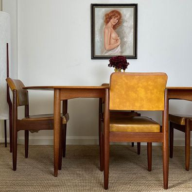 4 x Mid Century Teak Mustard Vinyl Dining Chairs by Chiswell