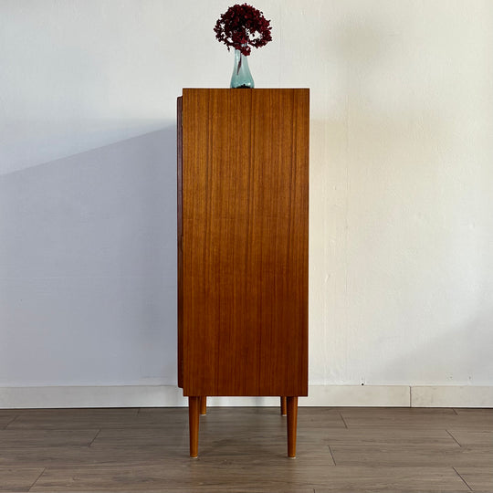 Mid Century Teak and Smoked Glass Display Cabinet LP cabinet made by Chiswell - wooden shelves