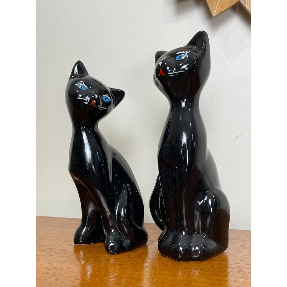 Pair of vintage black cat porcelain statues