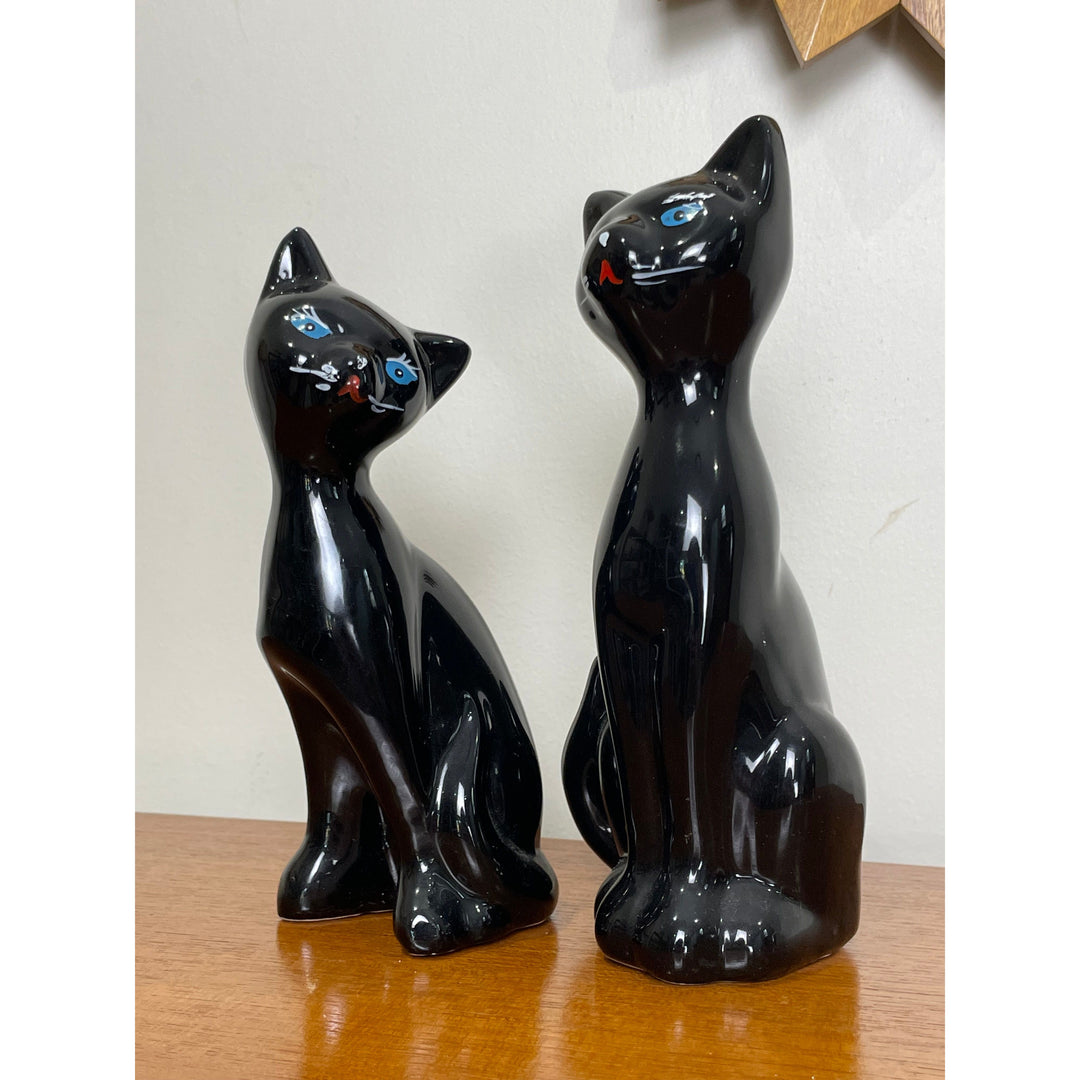 Pair of vintage black cat porcelain statues