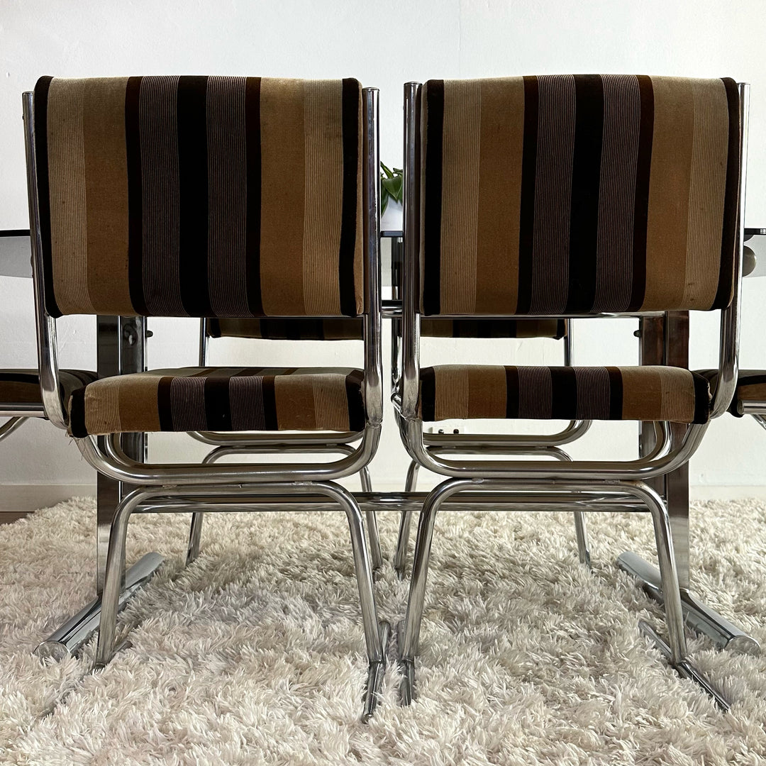 Retro Velvet and Chrome Chairs and Smoked Glass and Chrome Dining Table