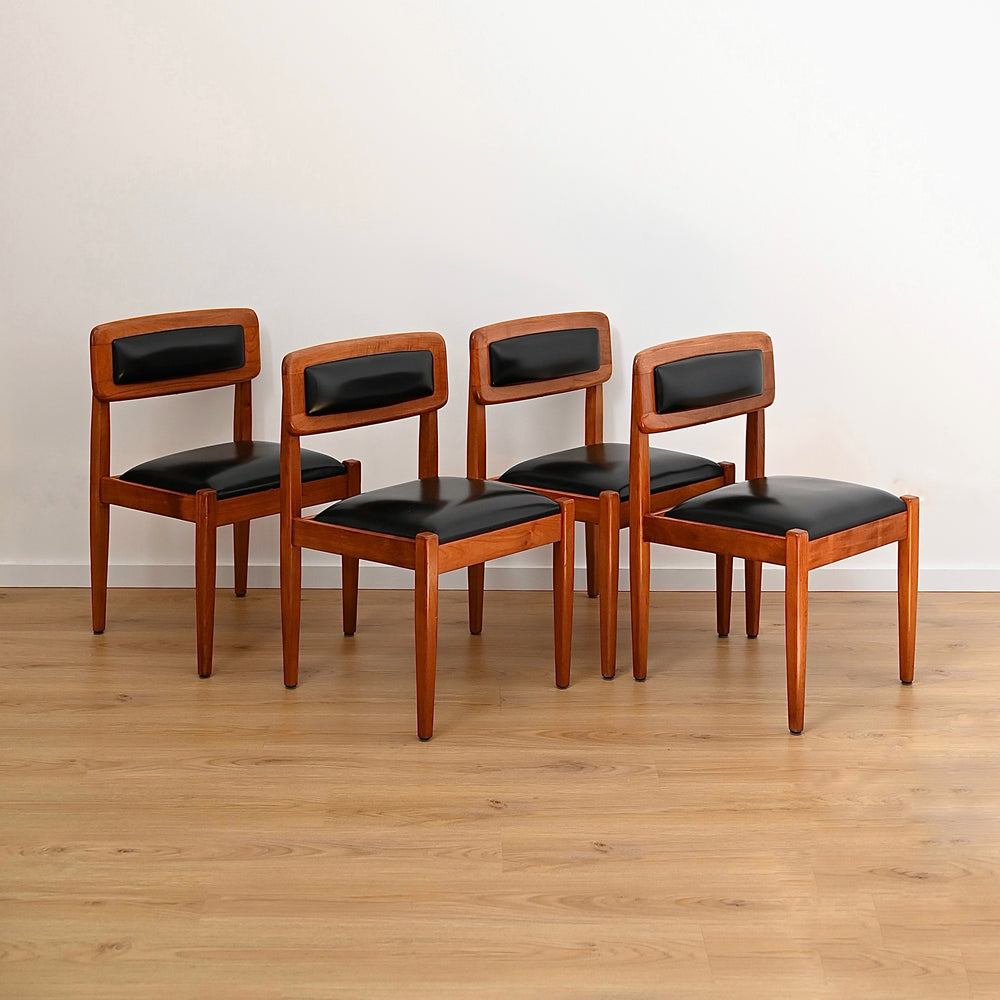4x Mid Century Teak and Black Vinyl Dining Chairs by Wrightbilt