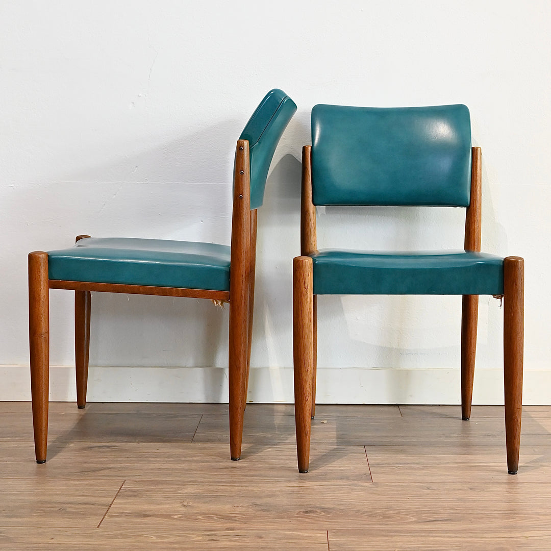 5x Mid Century Teak Teal Vinyl Dining Chairs by Chiswell