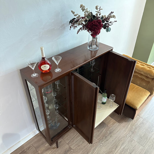 Mid Century Walnut Sideboard Display Cocktail Bar Cabinet by Chiswell