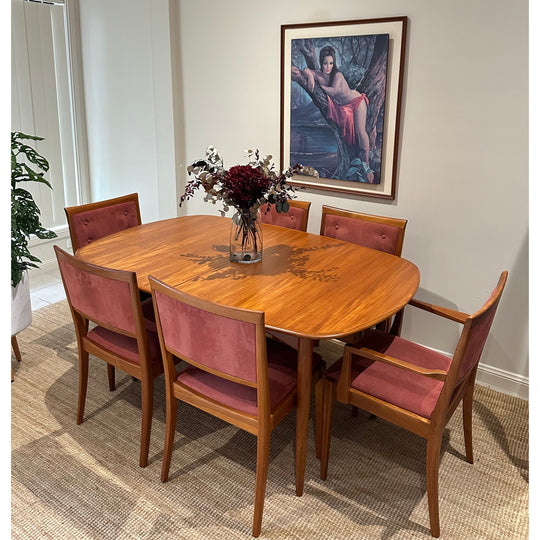 6 x Mid Century Teak Button Back Dining Chairs with Dusty Pink Upholstery by Parker