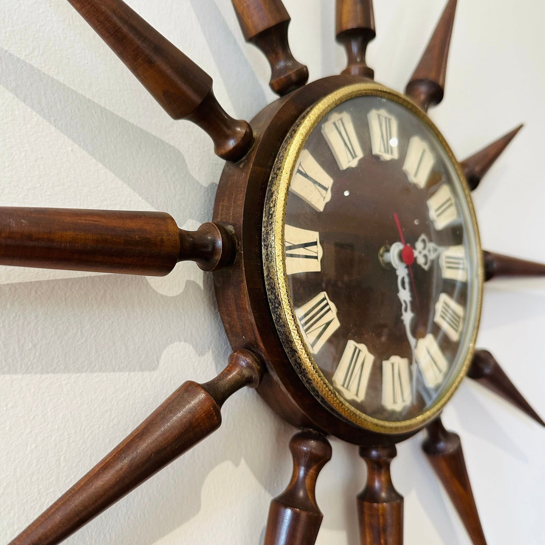 Mid Century Teak Starburst / Sunburst Wall Clock with Junghans mechanism