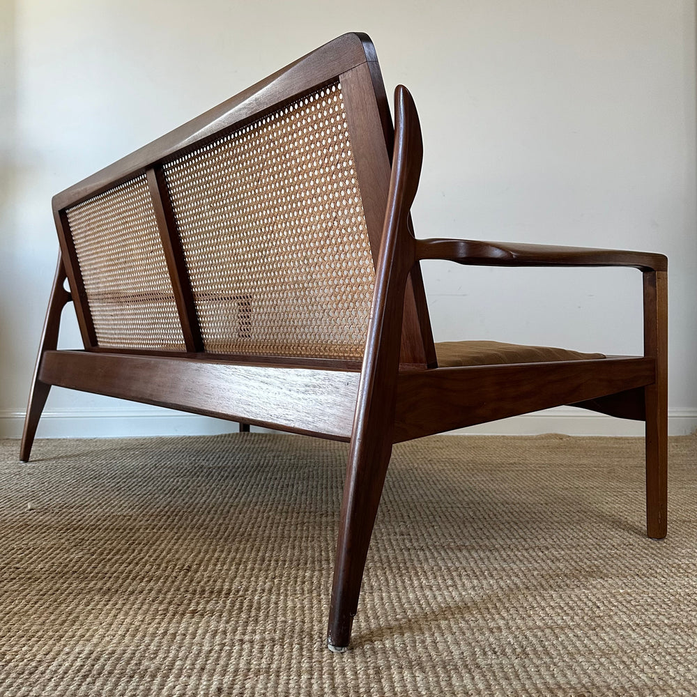 Mid Century 2 seater rattan and teak lounge by Fler - customise with warwick upholstery 