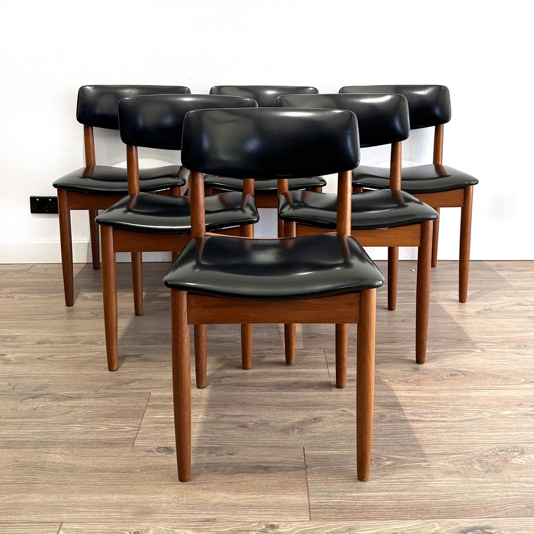 Mid Century Dining Suite G-Plan Round Extension Table and 6 x Chiswell Black Vinyl Dining Chairs