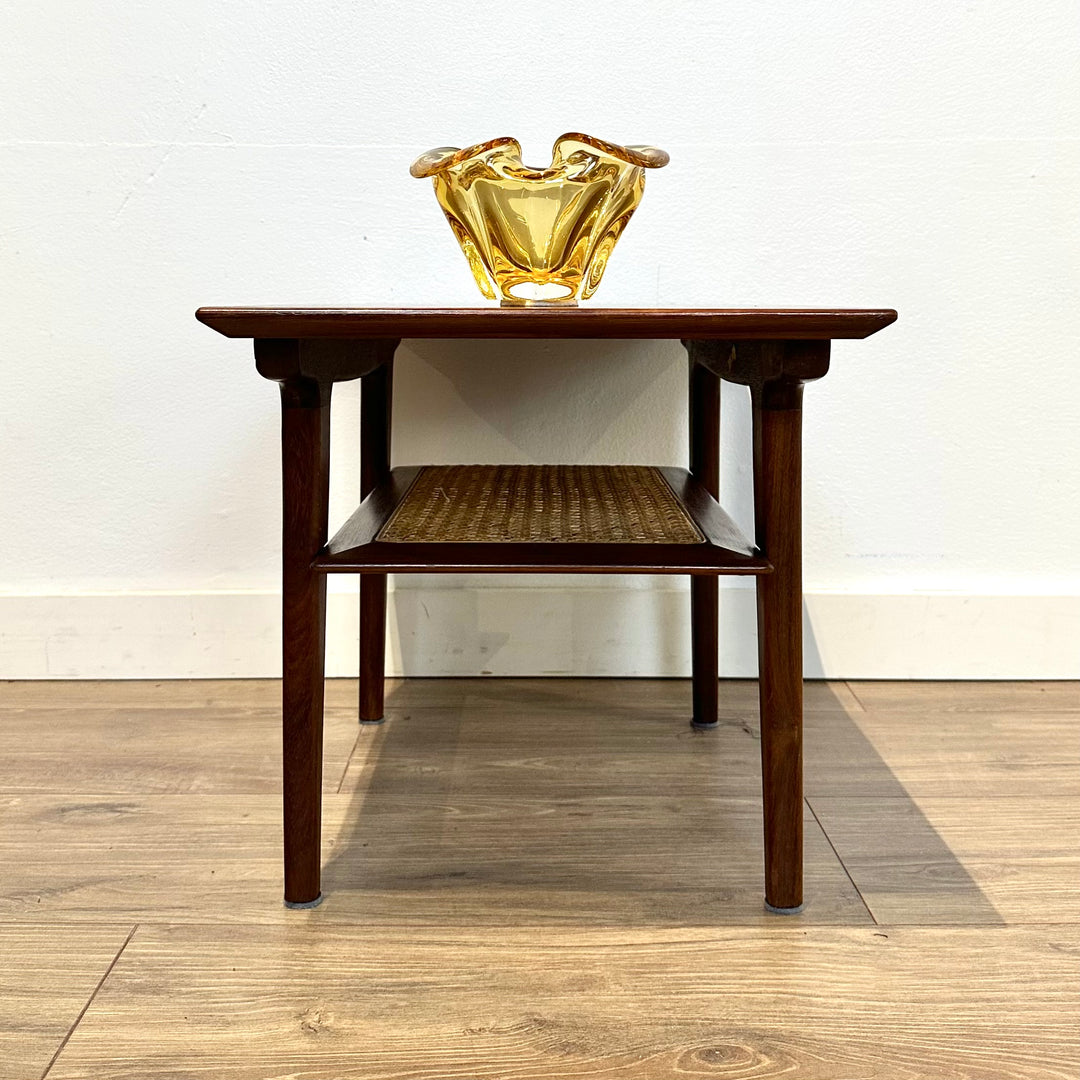 Danish Mid Century Small Coffee Table with Rattan Shelf