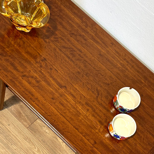 Danish Mid Century Small Coffee Table with Rattan Shelf