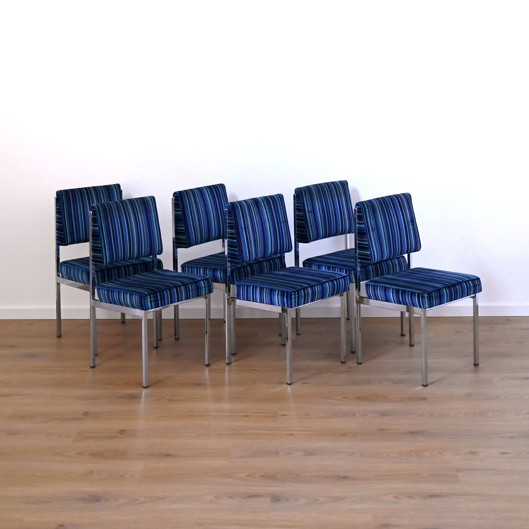 Mid Century Retro Blue Striped Velvet and Chrome Dining Set by ULTRA