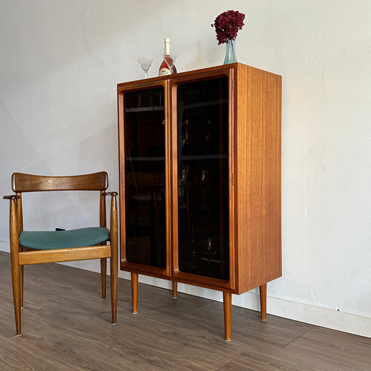 Mid Century Teak and Smoked Glass Display Cabinet LP cabinet made by Chiswell