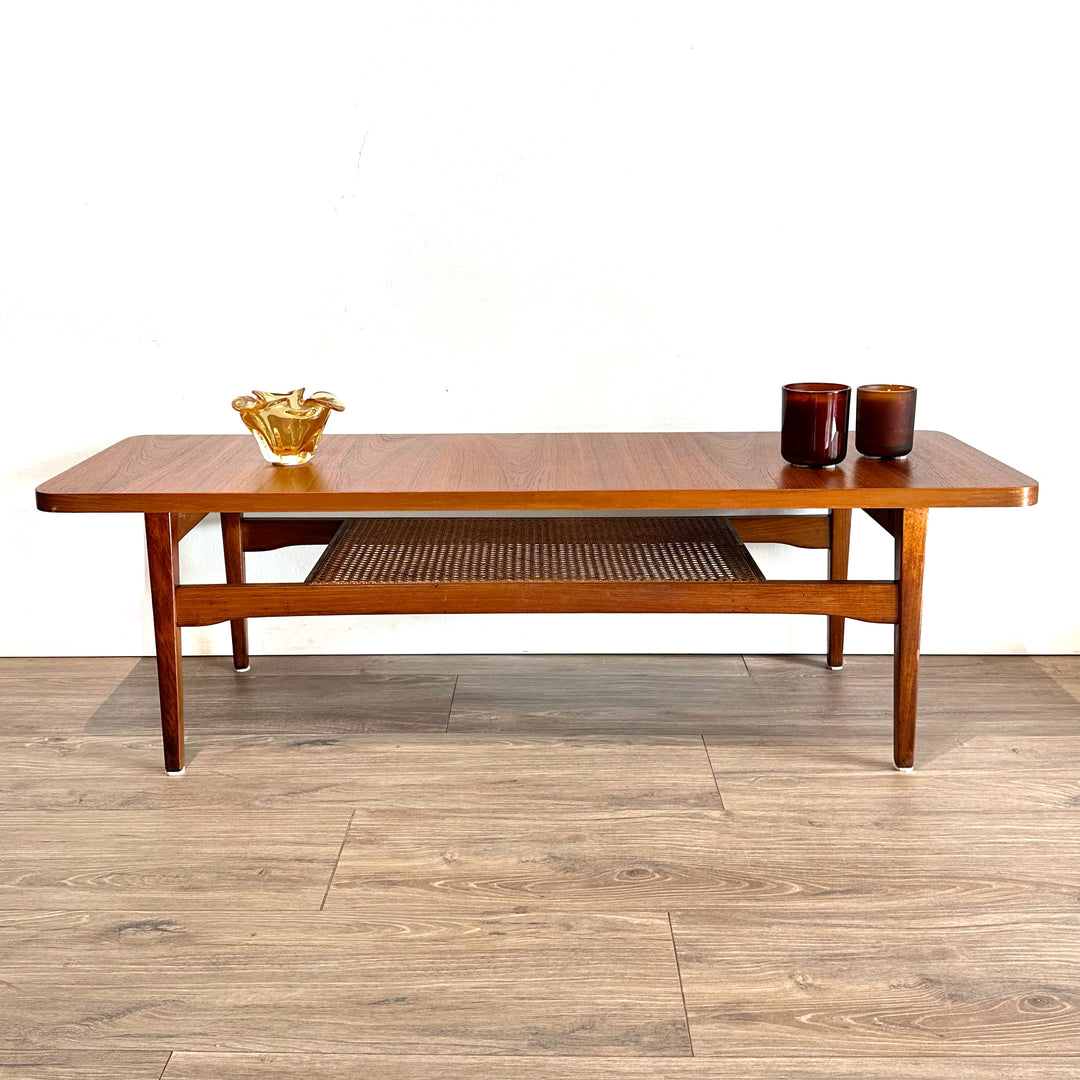 Mid Century Teak Coffee Table with Rattan Shelf