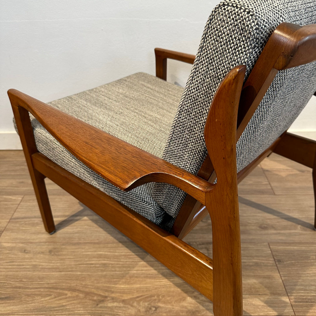 Mid Century Teak Occasional low back Armchair by Fler - custom Warwick upholstery