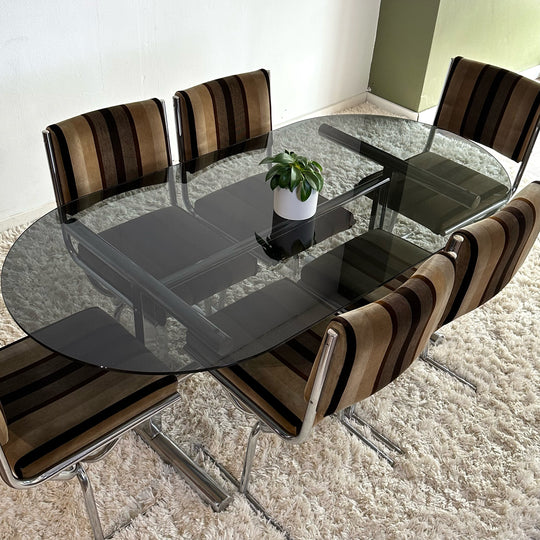 Retro Velvet and Chrome Chairs and Smoked Glass and Chrome Dining Table