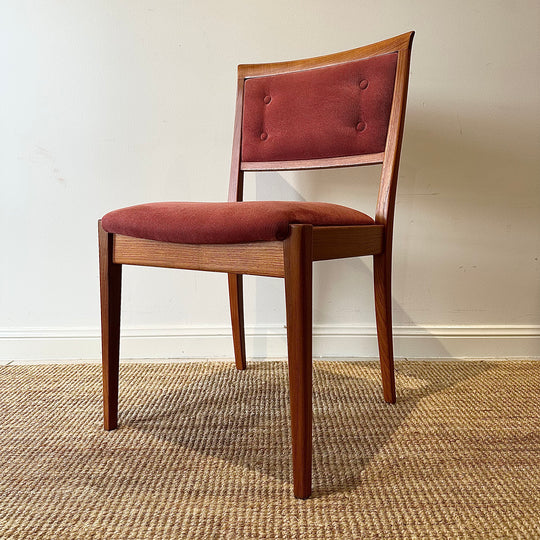 6 x Mid Century Teak Button Back Dining Chairs with Dusty Pink Upholstery by Parker