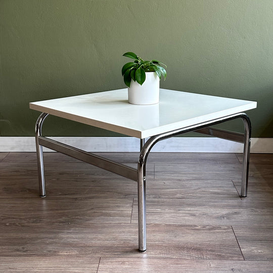 Retro Coffee Tables White Laminate and Curved Chrome