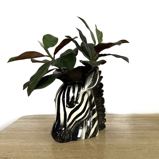 Retro Pair of Zebra Head Ceramic Pots Planters