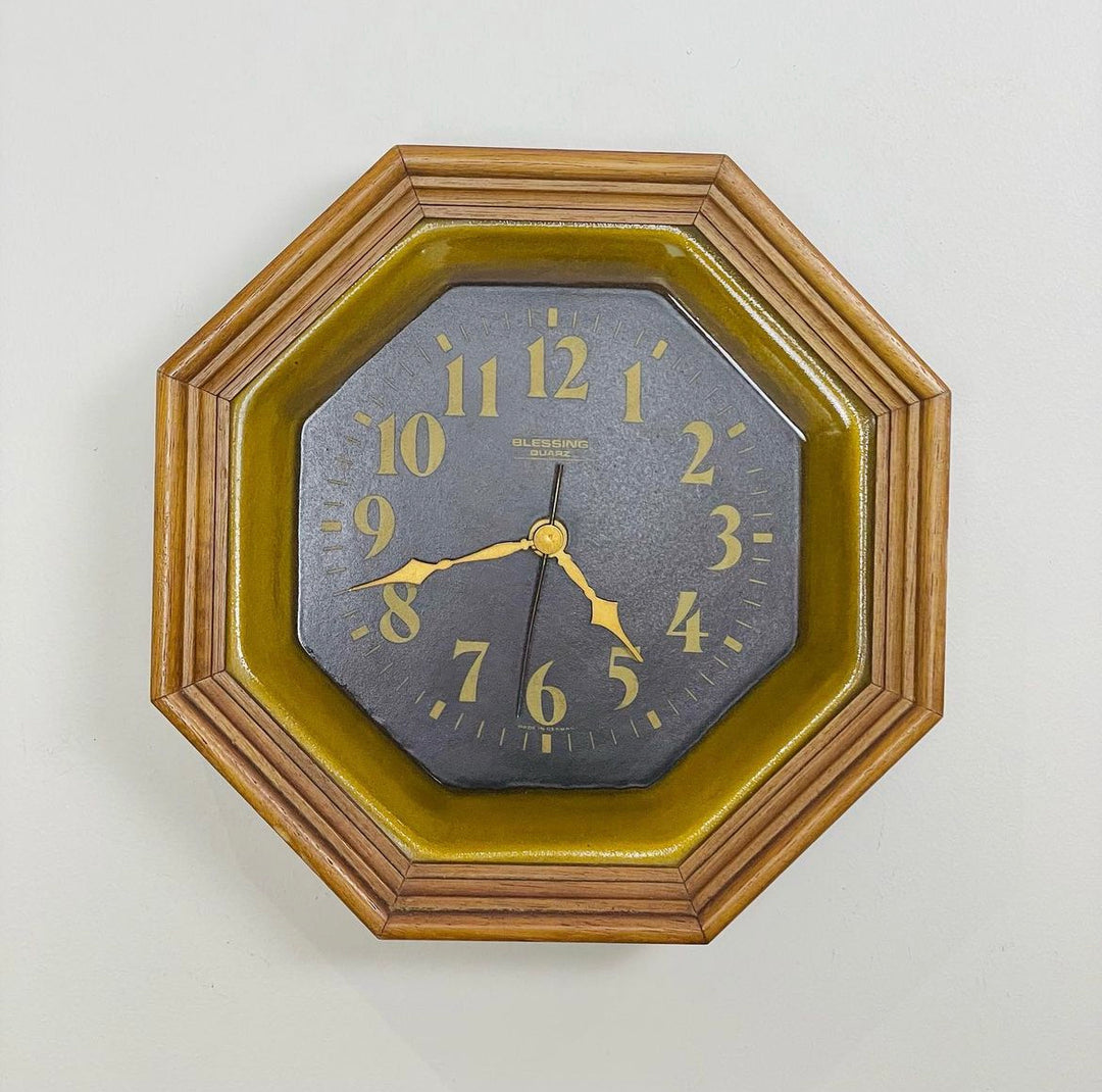 Mid Century Ceramic and Timber German Wall Clock made by Blessing