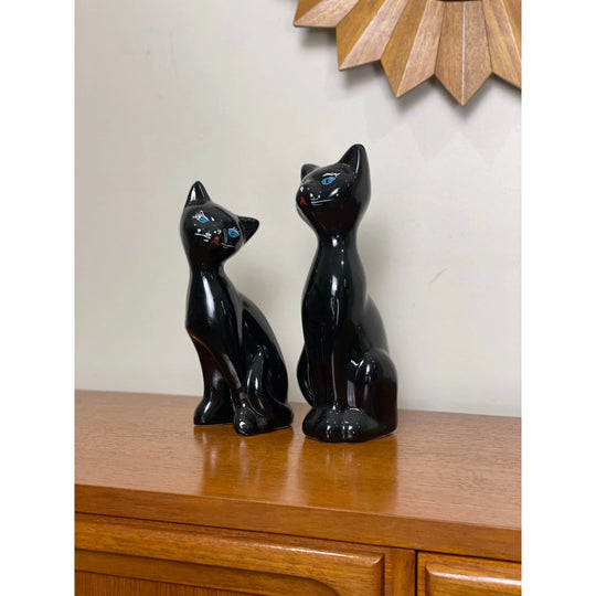 Pair of vintage black cat porcelain statues