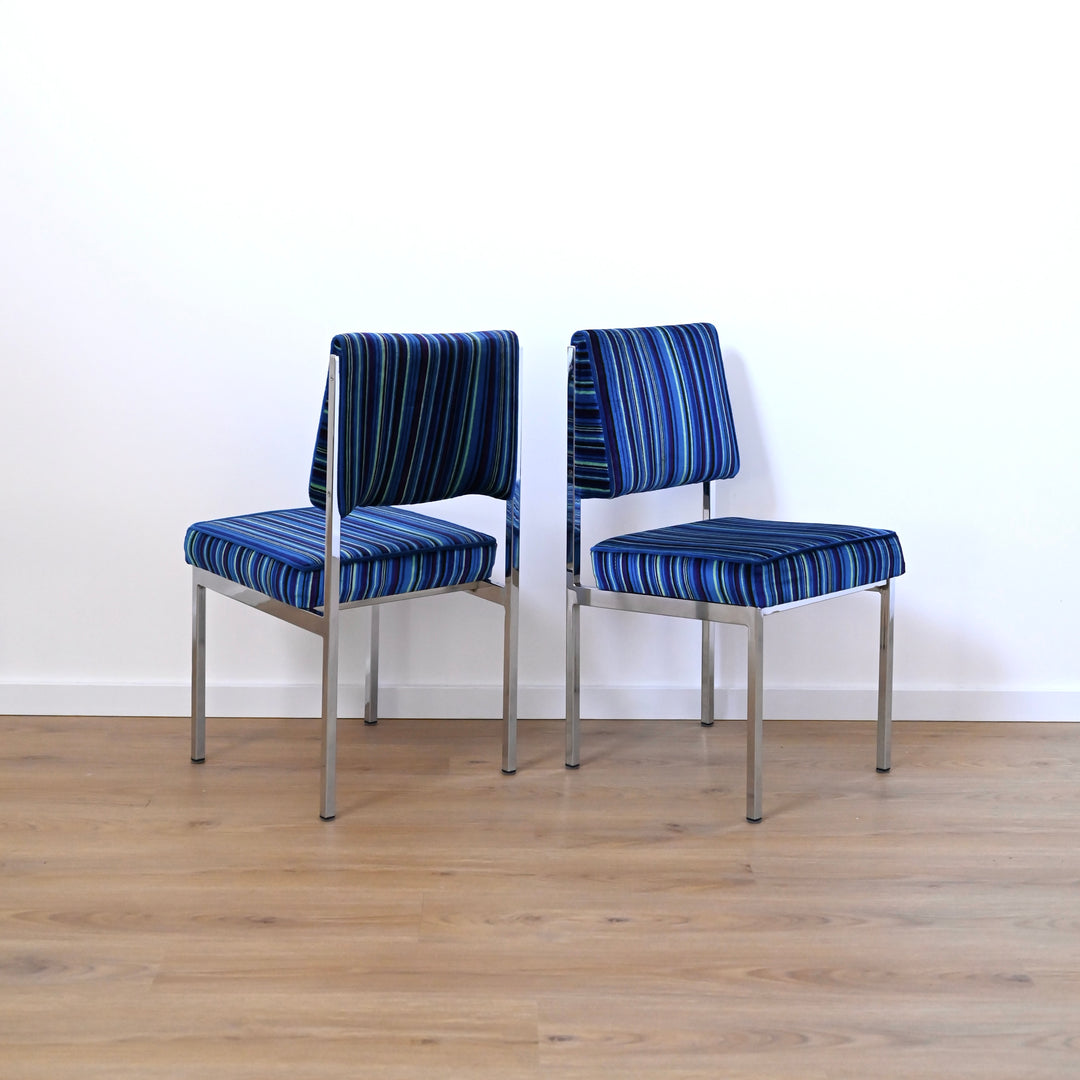 Mid Century Retro Blue Striped Velvet and Chrome Dining Set by ULTRA