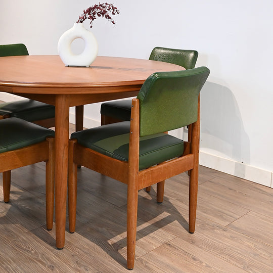 4x Mid Century Teak Green Vinyl Dining Chairs by Chiswell