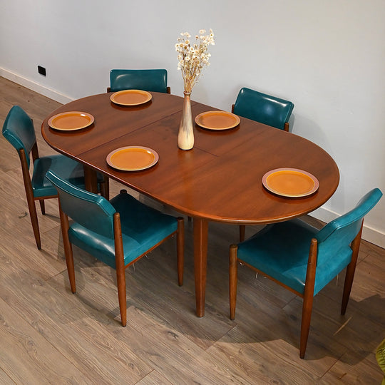 5x Mid Century Teak Teal Vinyl Dining Chairs by Chiswell