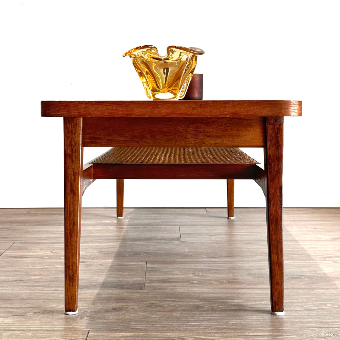 Mid Century Teak Coffee Table with Rattan Shelf