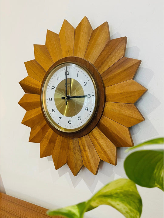 Mid Century European Sunburst Timber Clock by Bentima