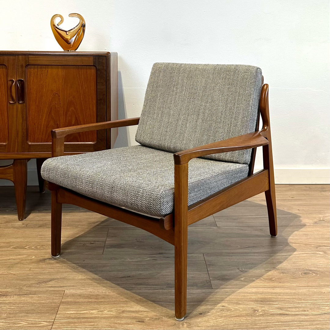 Mid Century Occasional low back Armchair by Fler - custom Warwick upholstery 