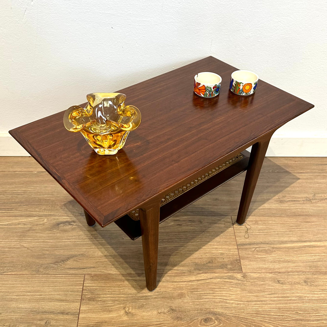 Danish Mid Century Small Coffee Table with Rattan Shelf