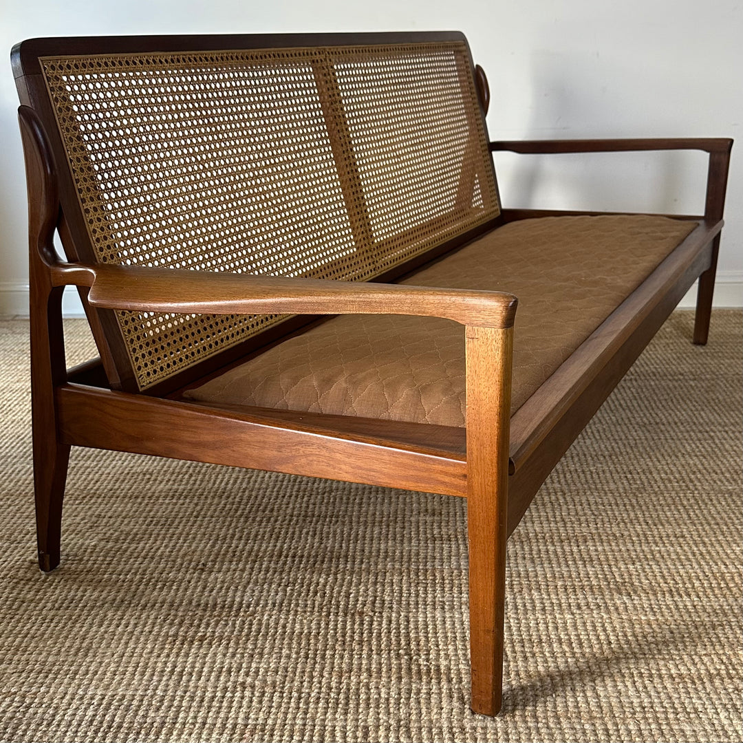 Mid Century 2 seater rattan and teak lounge by Fler - customise with warwick upholstery 