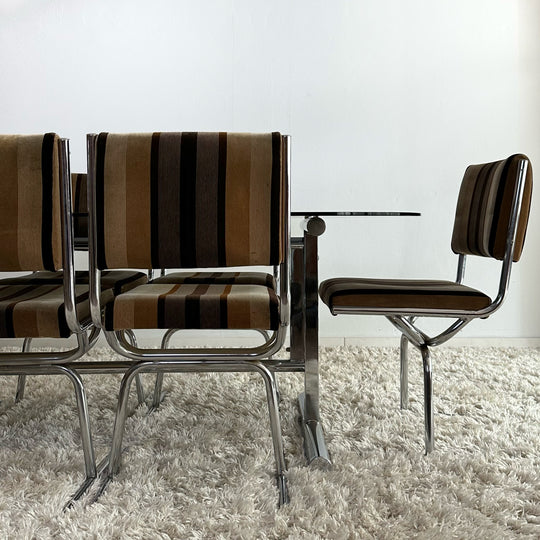 Retro Velvet and Chrome Chairs and Smoked Glass and Chrome Dining Table