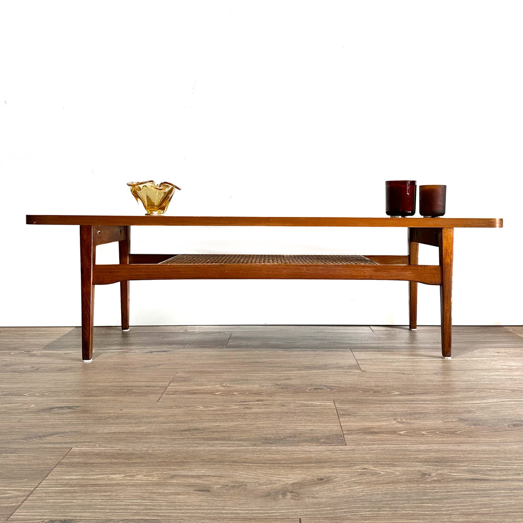 Mid Century Teak Coffee Table with Rattan Shelf