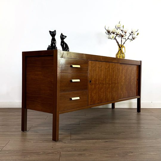 Mid Century Walnut Sideboard Credenza with Brass Handles 