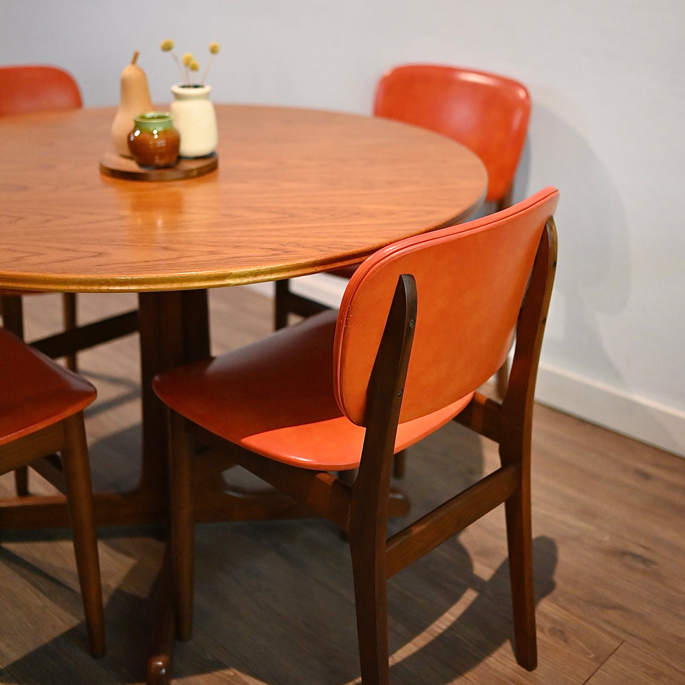 4x Mid Century Teak Orange Vinyl Dining Chairs by Elite