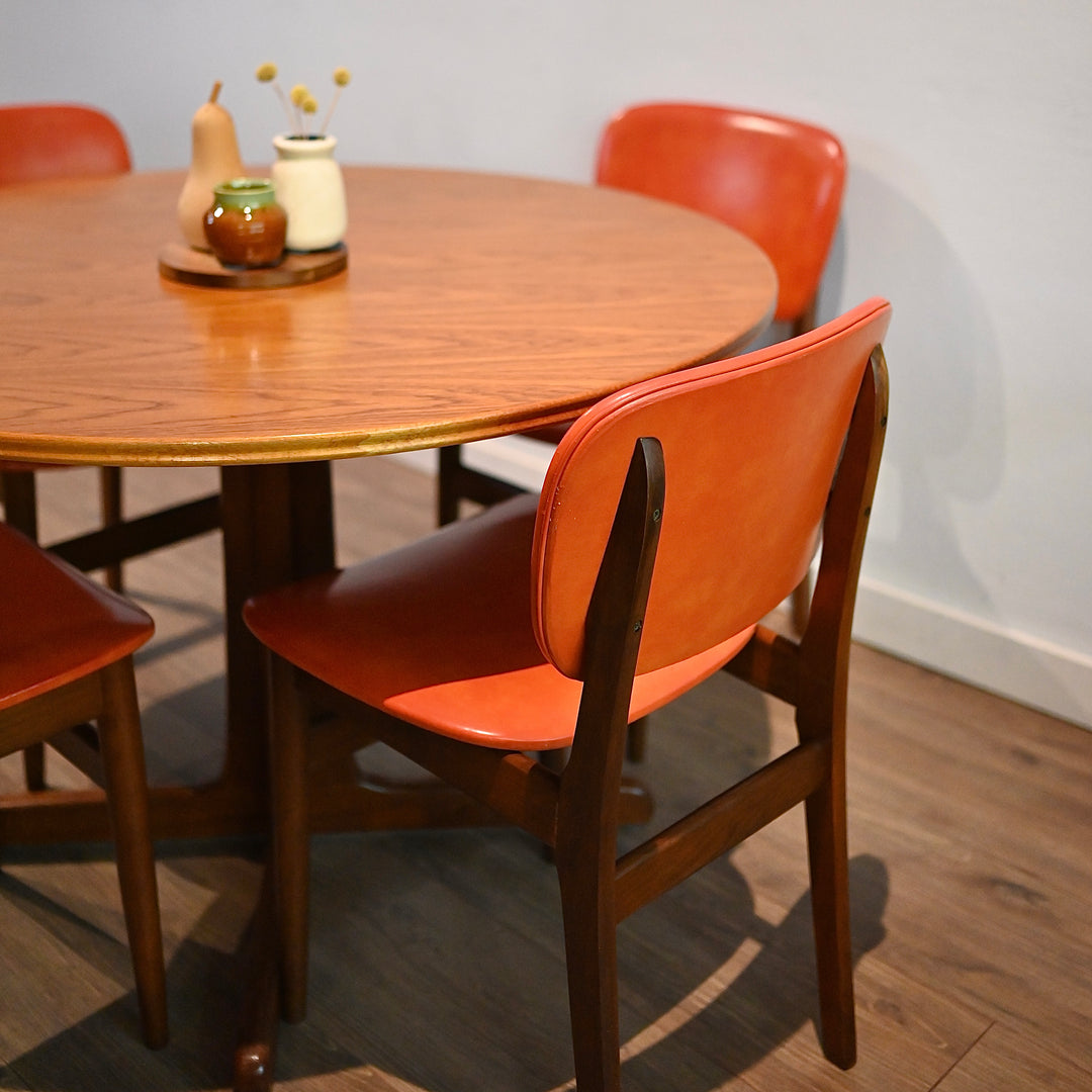 4x Mid Century Teak Orange Vinyl Dining Chairs by Elite