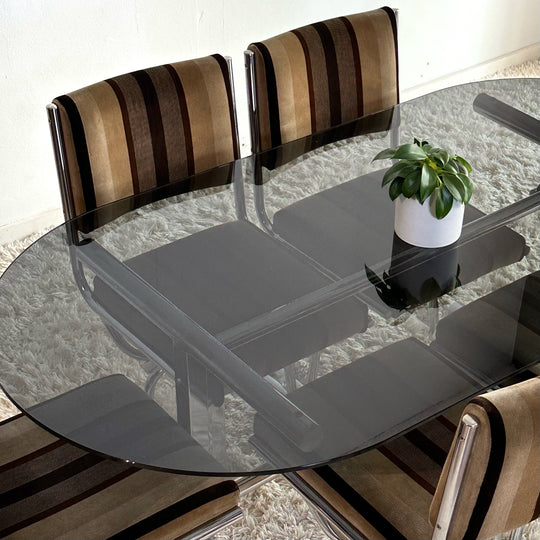 Retro Velvet and Chrome Chairs and Smoked Glass and Chrome Dining Table