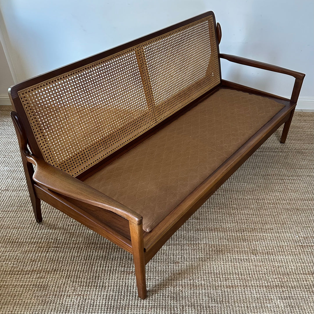 Mid Century 2 seater rattan and teak lounge by Fler - customise with warwick upholstery 